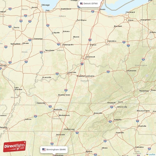 Birmingham - Detroit direct flight map