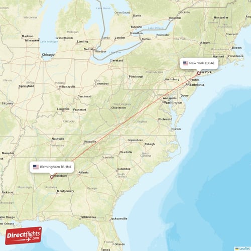 Birmingham - New York direct flight map