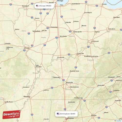 Birmingham - Chicago direct flight map