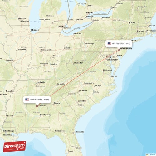 Birmingham - Philadelphia direct flight map