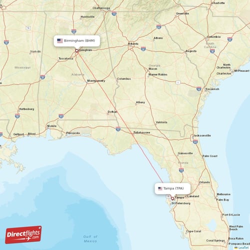 Birmingham - Tampa direct flight map