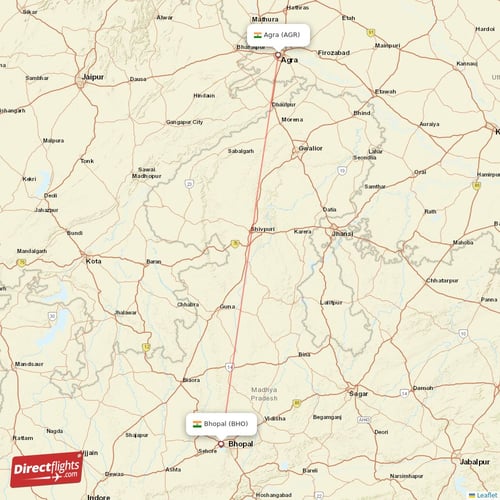 Bhopal - Agra direct flight map