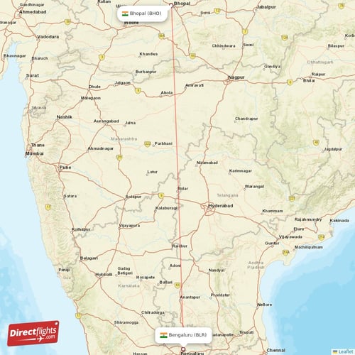 Bhopal - Bengaluru direct flight map