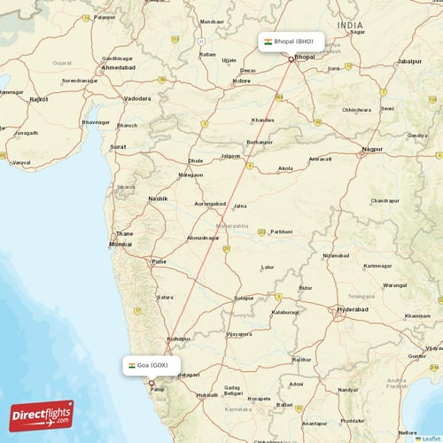 Bhopal - Goa direct flight map