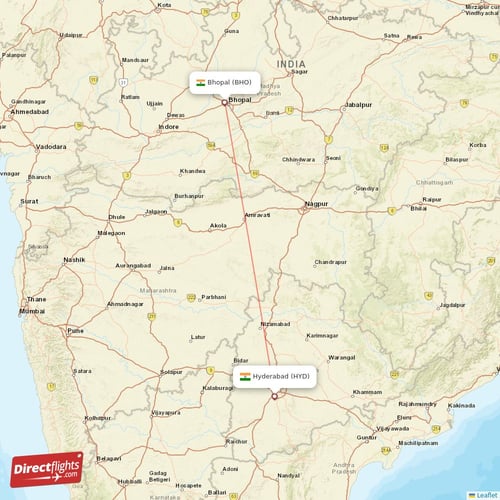 Bhopal - Hyderabad direct flight map