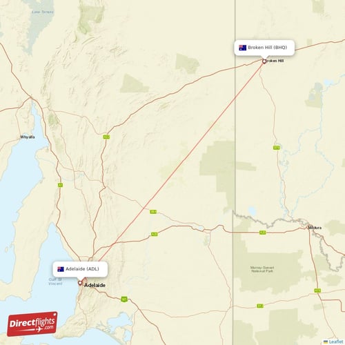 Broken Hill - Adelaide direct flight map