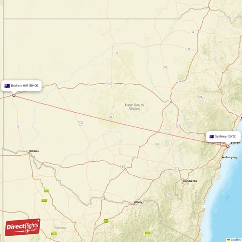 Broken Hill - Sydney direct flight map