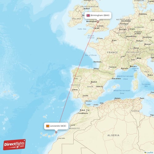 Birmingham - Lanzarote direct flight map