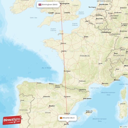 Birmingham - Alicante direct flight map