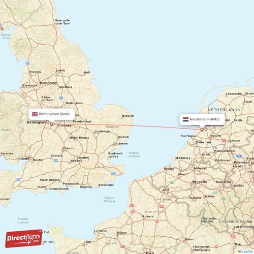Birmingham - Amsterdam direct flight map