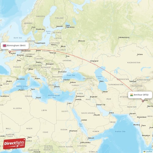 Birmingham - Amritsar direct flight map