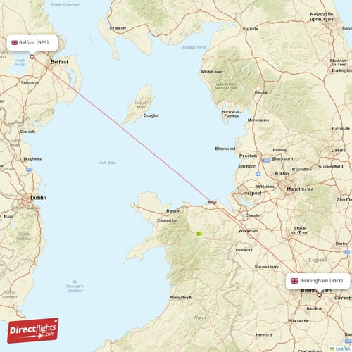 Birmingham - Belfast direct flight map