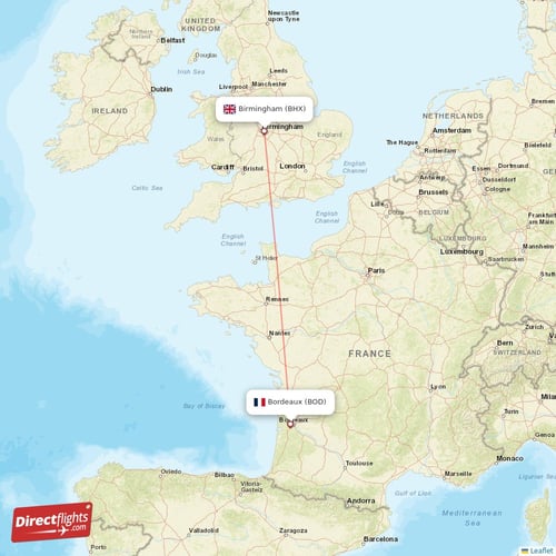 Birmingham - Bordeaux direct flight map
