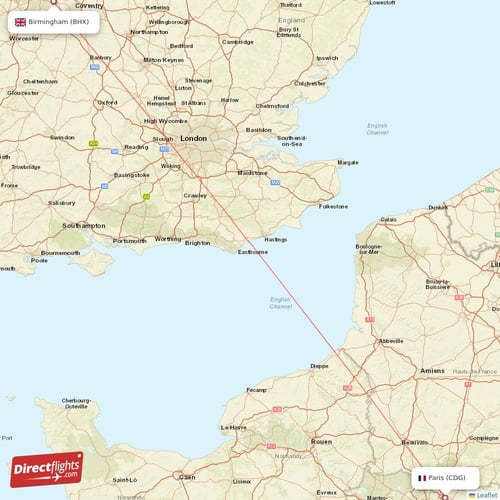 Birmingham - Paris direct flight map