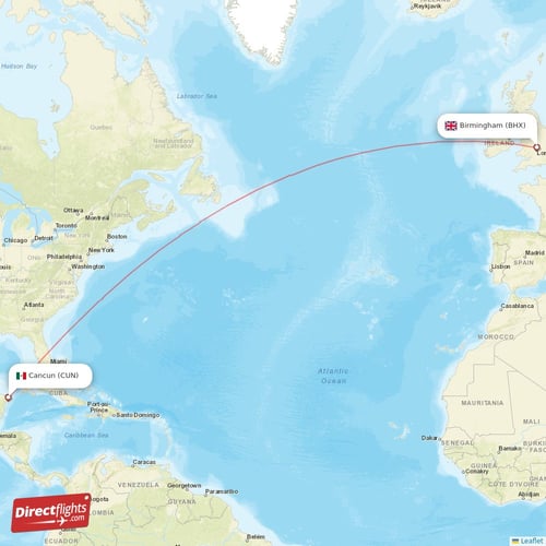 Birmingham - Cancun direct flight map
