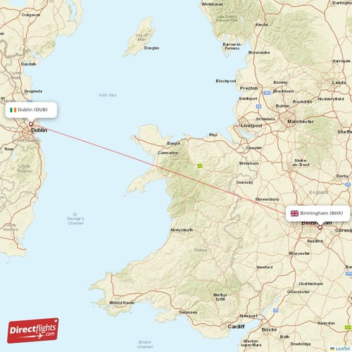 Birmingham - Dublin direct flight map