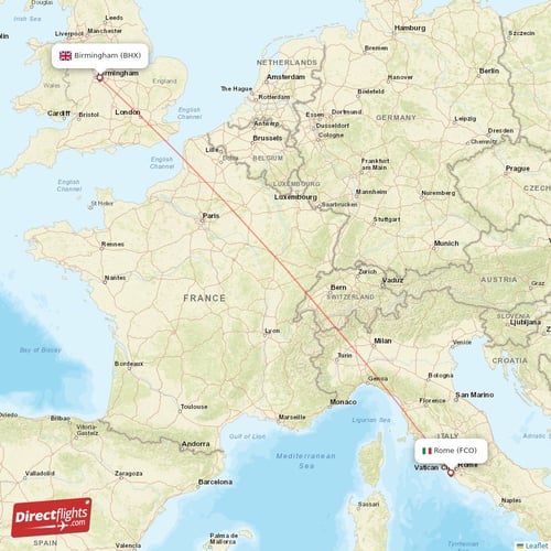 Birmingham - Rome direct flight map