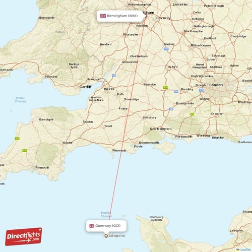 Birmingham - Guernsey direct flight map
