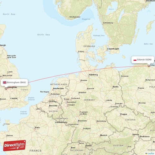 Birmingham - Gdansk direct flight map