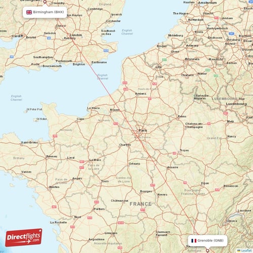 Birmingham - Grenoble direct flight map