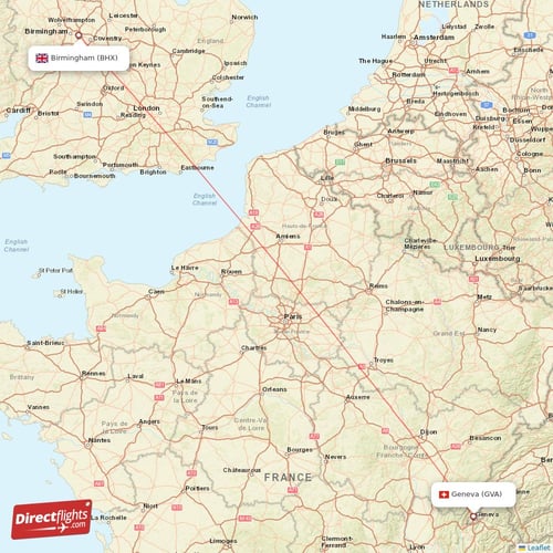 Birmingham - Geneva direct flight map