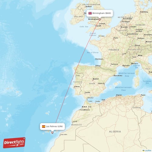 Birmingham - Las Palmas direct flight map