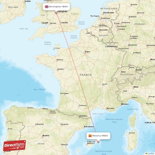 Birmingham - Menorca direct flight map