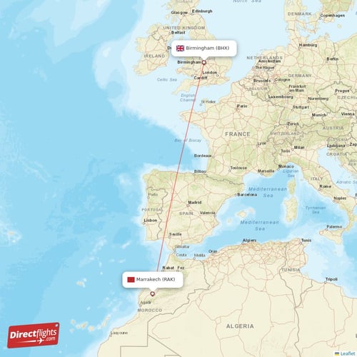 Birmingham - Marrakech direct flight map