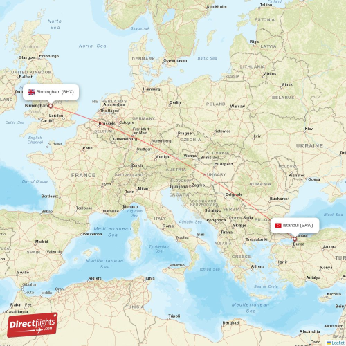 Birmingham - Istanbul direct flight map