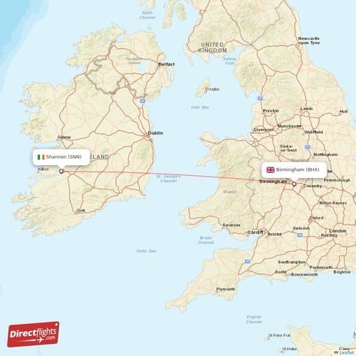 Birmingham - Shannon direct flight map