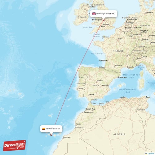 Birmingham - Tenerife direct flight map