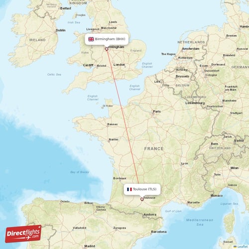 Birmingham - Toulouse direct flight map