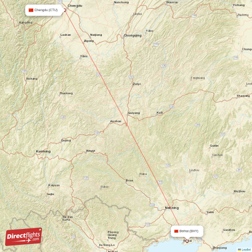 Beihai - Chengdu direct flight map