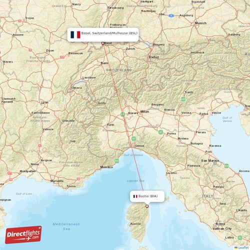 Bastia - Basel, Switzerland/Mulhouse direct flight map