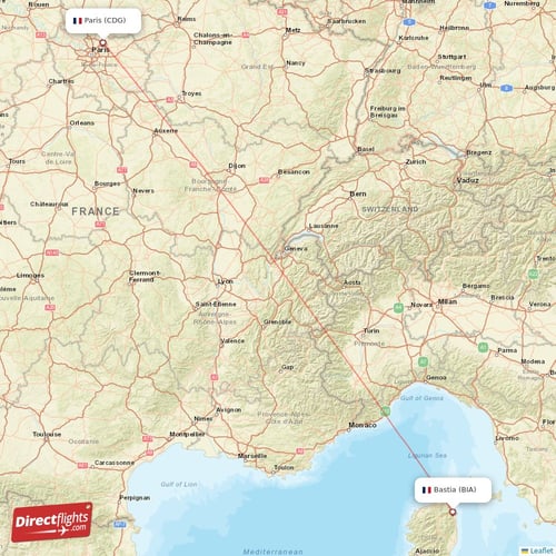 Bastia - Paris direct flight map