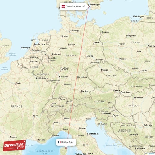 Bastia - Copenhagen direct flight map