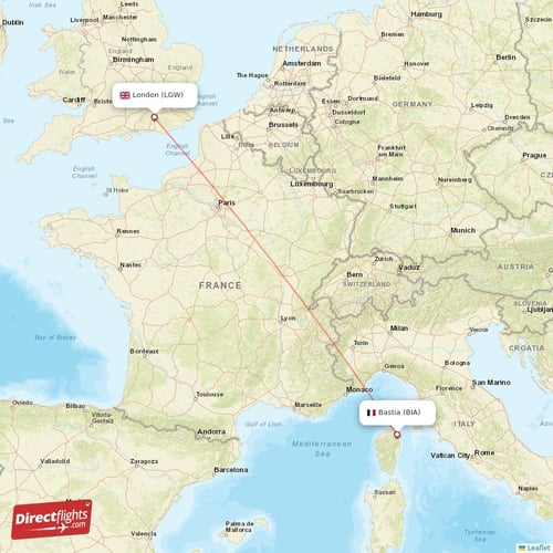 Bastia - London direct flight map