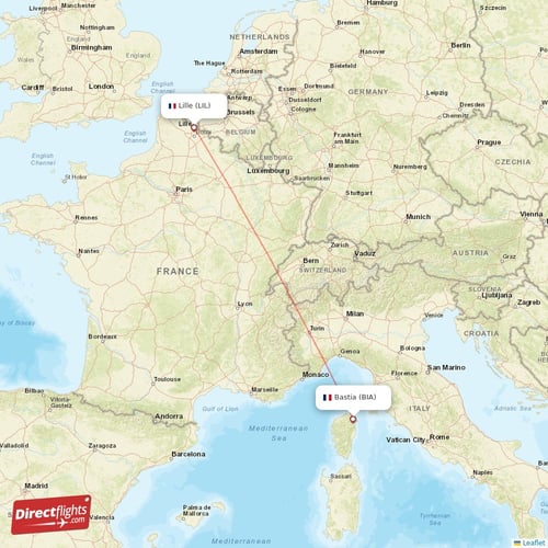 Bastia - Lille direct flight map