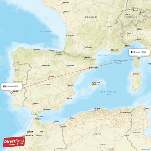 Bastia - Lisbon direct flight map