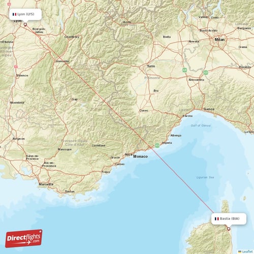 Bastia - Lyon direct flight map