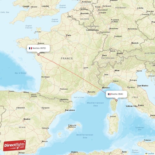 Bastia - Nantes direct flight map