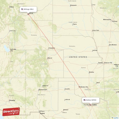 Billings - Dallas direct flight map
