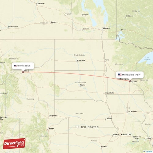 Billings - Minneapolis direct flight map