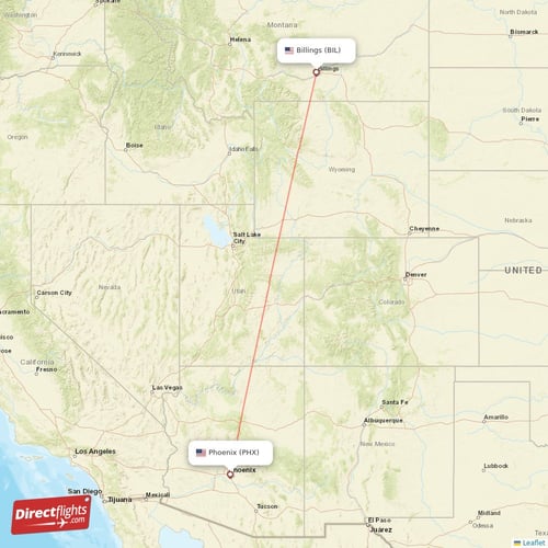 Billings - Phoenix direct flight map