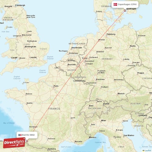 Biarritz - Copenhagen direct flight map
