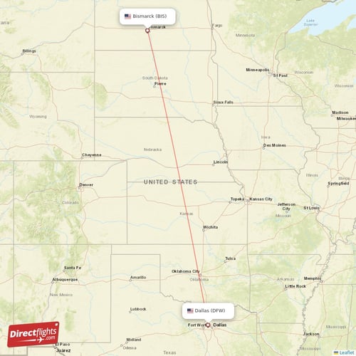 Bismarck - Dallas direct flight map
