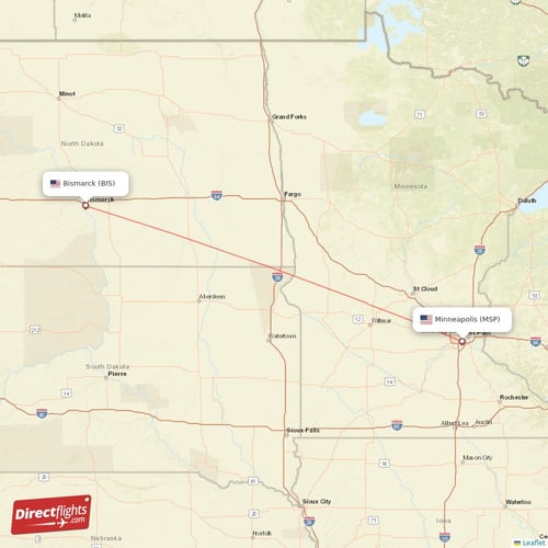 Bismarck - Minneapolis direct flight map