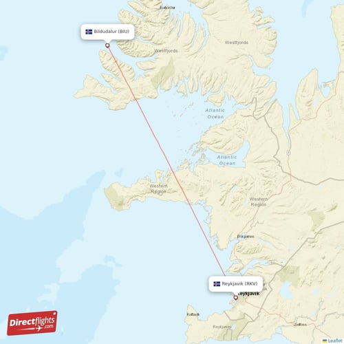 Bildudalur - Reykjavik direct flight map