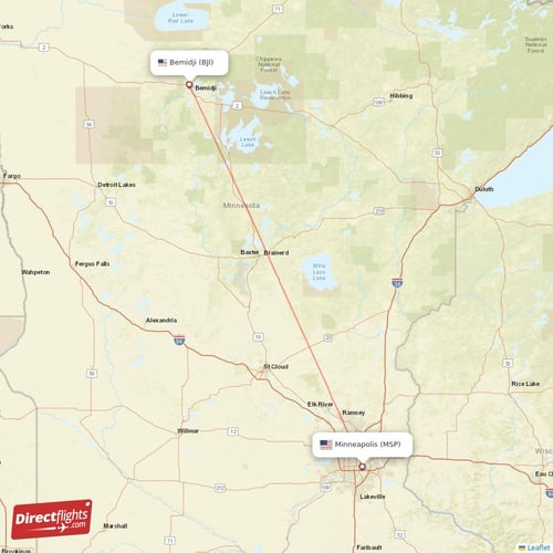 Bemidji - Minneapolis direct flight map
