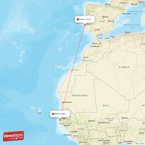 Banjul - Lisbon direct flight map